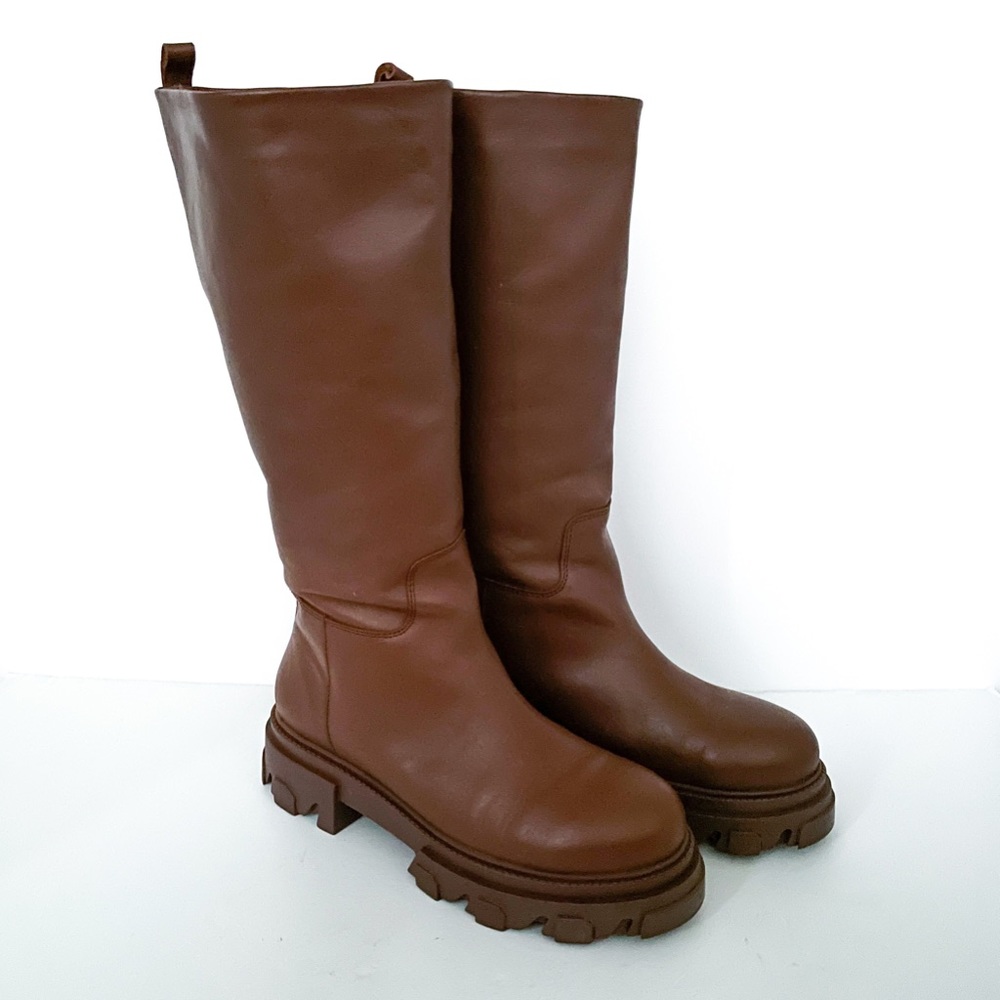 Steve Madden Priority Y2K Brown Leather Chunky Platform Riding Boots